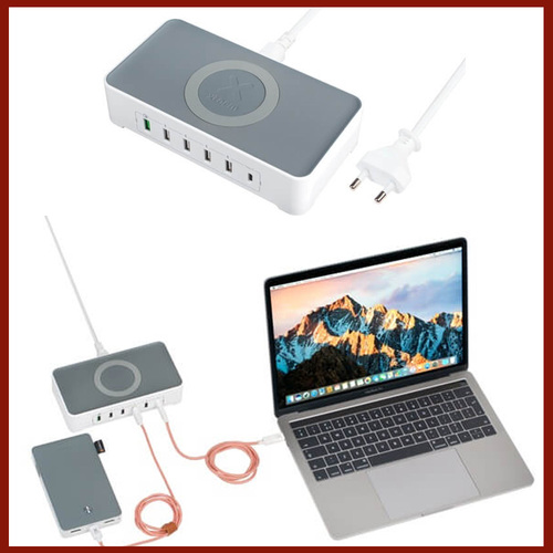 Захранване с 5 USB-A изхода и USB-C изход и безжично зареждане 